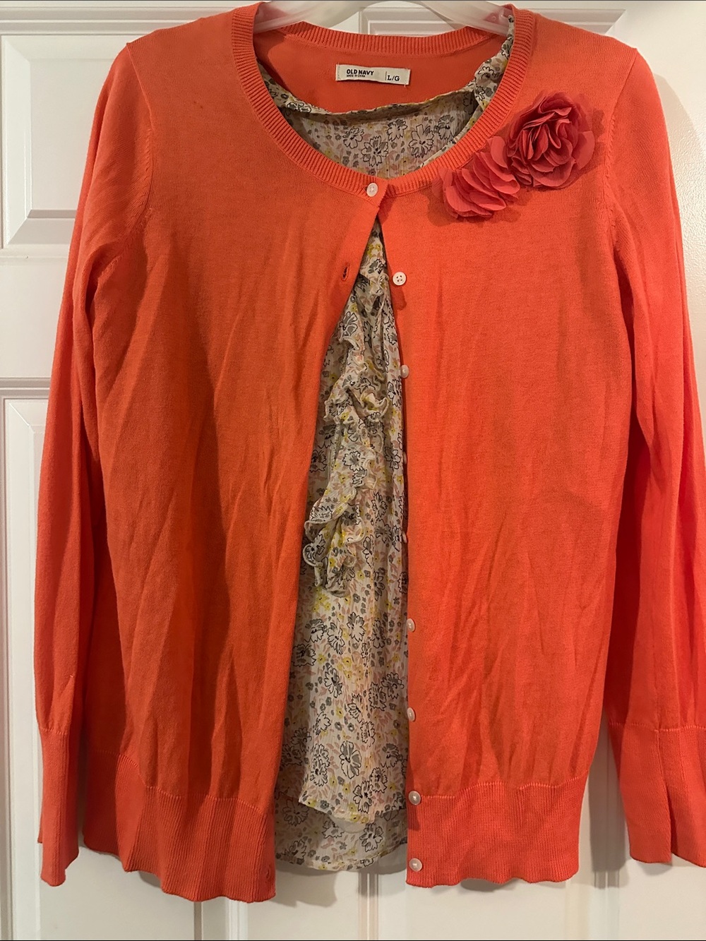Old Navy Women's Coral-Orange Button Cardigan with Floral Brooch